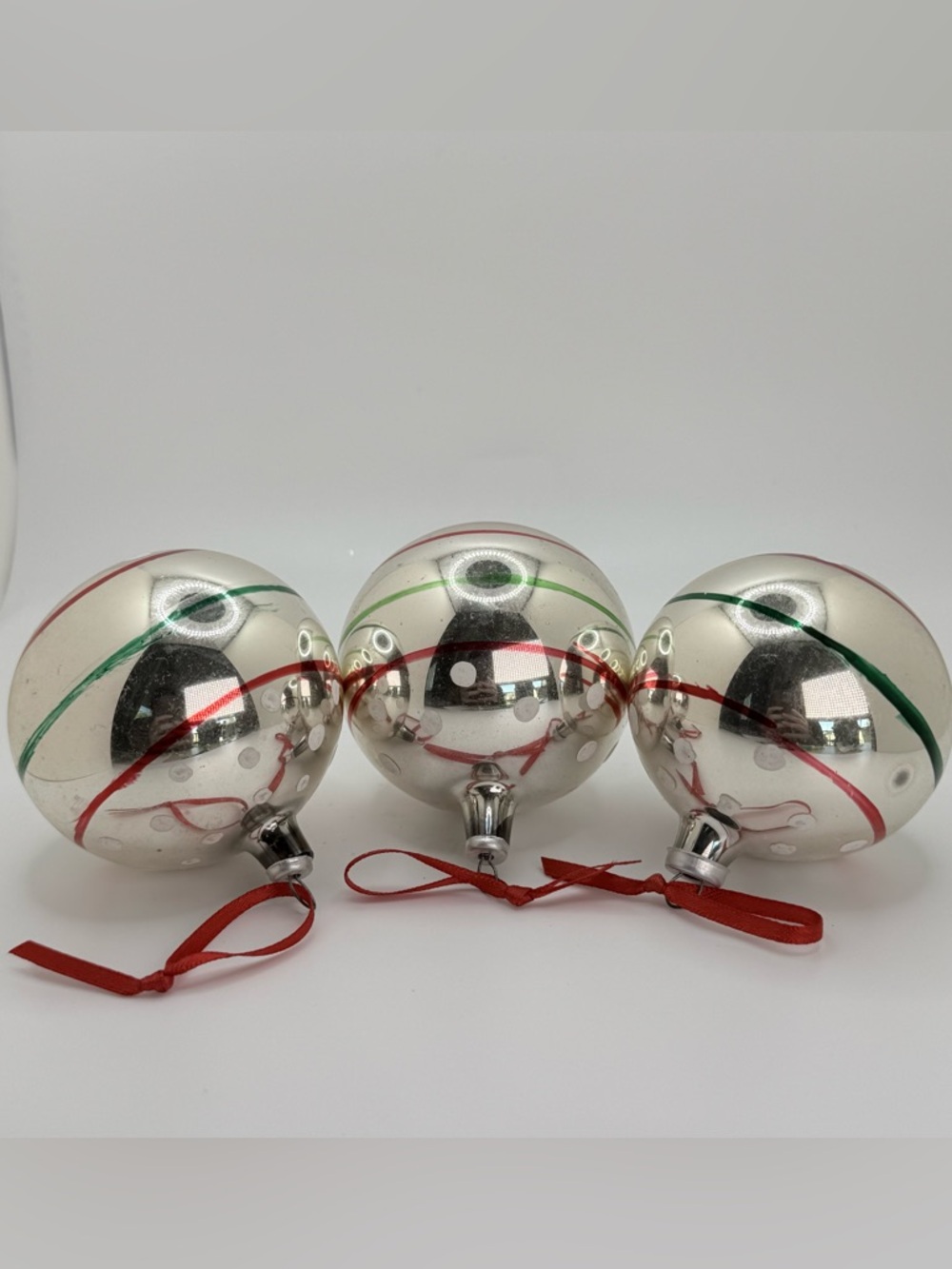 Vintage Large Mercury Glass Ornaments Silvered Red Green Stripes Poland 3”